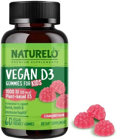 NATURELO Vegan D3 Gummies for Kids - 1000 IU Vitamin D3 - Plant-Based Whole Food Supplement for Children 4 and Older - 60 Vegan-Friendly Gummies