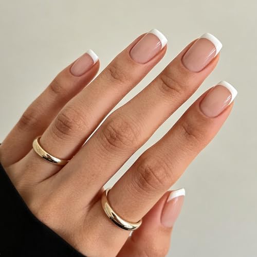Modelones French Tips Press on Nails, White Short Square Fake Nails, Reusable Nail Kit with Nail Glue Adhesive Tabs Mini Nail File, Spring Nails Press Ons 32Pcs 16 Sizes, Women Girl Gift