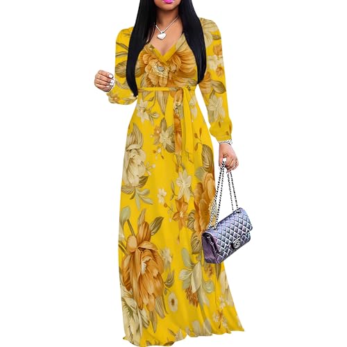 Image of Women Plus Size Long Sleeve V Neck Maxi Dress with Belt | Soft fabric relaxed fit three quarter sleeve v neck with pockets for party and daily wear