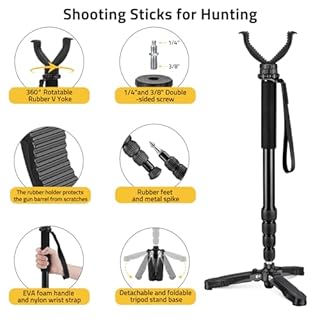 CVLIFE Hunting Monopod Shooting Stick, Shooting Rest Hunting Tripod Gun Rifle Rest, Adjustable Aluminum 20.5"-66.1" with Tiltable and Rotatable Tri-Stand Tripod Base and Rubber V Yoke for Outdoor