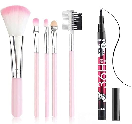 Women's & Girls' 5-Piece Pink Makeup Brushes Set with Ultra-Soft Bristles | Long-Lasting 36H Eyeliner | Complete Beauty Kit (Pack of 6)