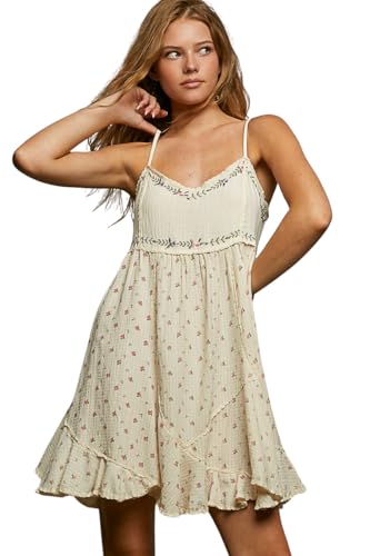 POL Clothing Sleeveless Floral Print Dress with Embroidered Trim, Cream, Ruffle Hem, Double Gauze (US, Alpha, Large, Regular, Regular)