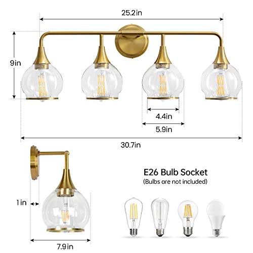 Image of Gold Bathroom Vanity Light 4-Light Bathroom Vanity Light Fixtures Over Mirror with Clear Glass Shade 30.7 inch Wall Sconce Lighting Bath(Exclude E26 Bulb)
