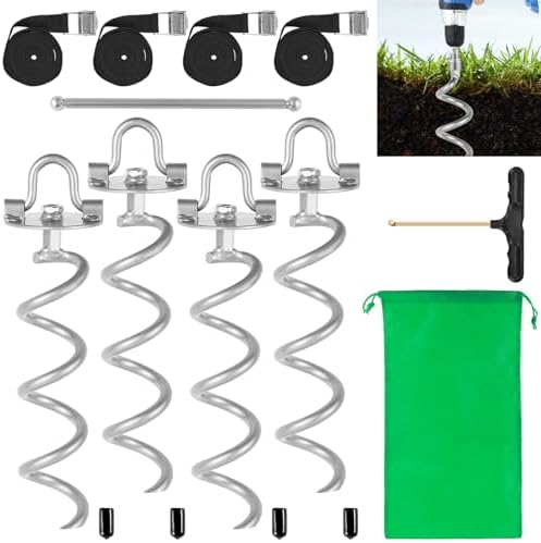 MIXXIDEA Gound Anchors Screw in, Metal Spiral Earth Anchors Kit, Heavy Duty Folding Ring Spiral Stake with Straps, Ground Stakes for Tent (Silver, 11.4 Inch with 92in Strap)
