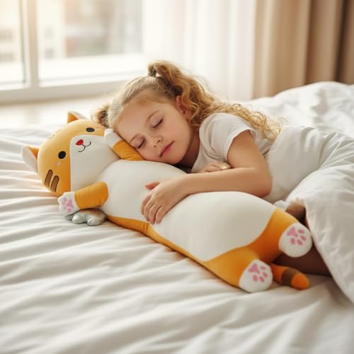 Image of Long Cat Plush Pillow, Cute Cat Stuffed Animal Body Pillow with Wings, Soft Kawaii Kitty Hugging Pillow, Christmas Valentine's Birthday Gift for Kids Girls Boys (Yellow, 60cm /23.62in)