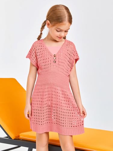 Image of Haloumoning Girls Crochet Swim Beach Cover Up Kids Fashion Button Short Sleeve Swimsuits Cover Ups 5-14 Years