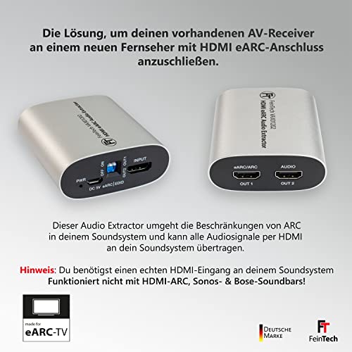 FeinTech VAX01202 HDMI eARC Audio Extractor Splitter 1x2 für moderne Fernseher liefert Dolby Atmos TrueHD DTS-HD an AV-Receiver