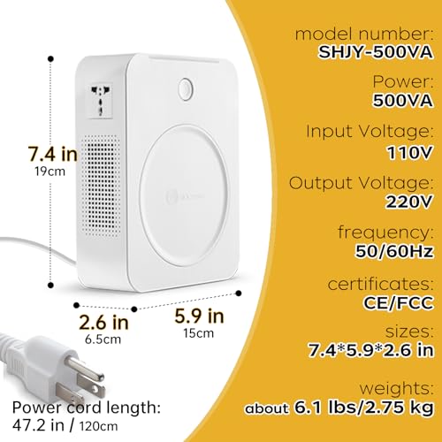 Image of SUNSHUN 500W 110v to 220v Converter Step Up Voltage Transformer 110v /120V to 220V /240V with 2 Output Sockets for Europe Asia Appliances Used in US 500 Watts White