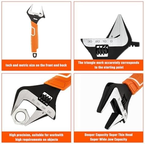 Miniatura 8 de Vanquish Llave ajustable de 8 pulgadas, llave de fontanería de apertura de mandíbula ancha de 1-12, acero CR-V, con escala SAE y métrica marcada,