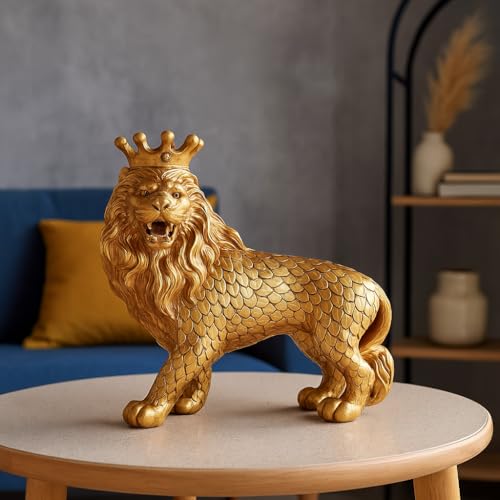 Image of Xtore Royal Gold Lion Figurine | Resin Home Decor Accent | Luxurious Art Piece for Living Room, Office, or Shelf | Symbol of Power and Majesty - Gold Finish