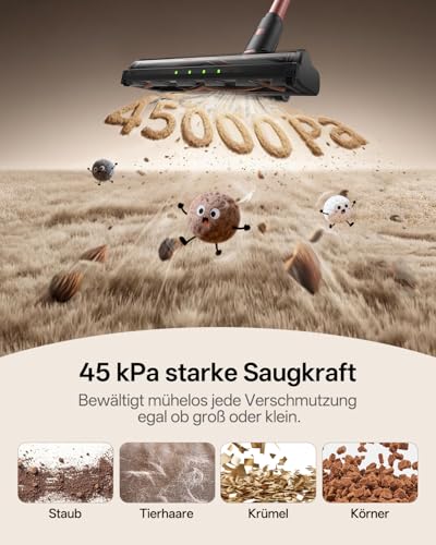 Vexilar V10PRO Akku Staubsauger Kabellos 45Mins/45KPA/450W, Akkustaubsauger mit Geen LED, 6-in-1 Ultraleicht Kabelloser Staubsauger, Super Leise für Teppich,Hartboden und Tierhaare 2
