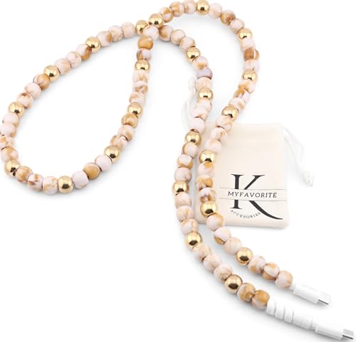 Image of Stylish Beaded Phone Charger Cable Colors USB Charging Cord for Smartphones (USB A to USB C, Marble & Gold, 6.6ft)