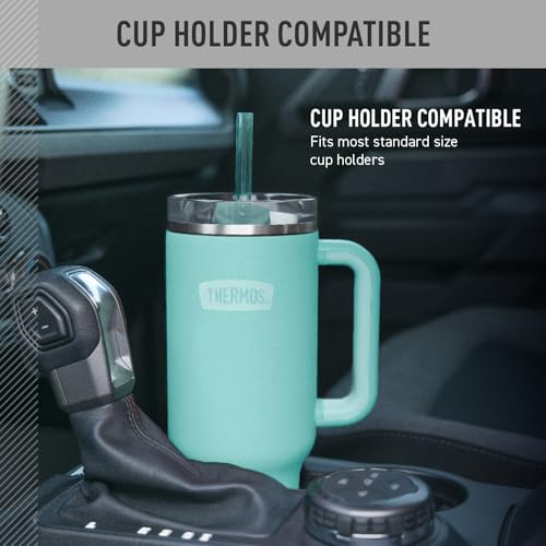 Image of THERMOS Stainless Steel Cup Holder Mug - 40 Ounce, Sea Green - Insulated Tumbler with Lid and Straw, Plus Leak-Resistant Slide Lock