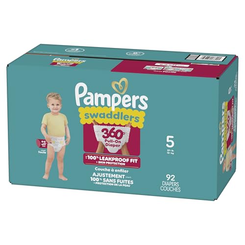 Pampers Diapers - Swaddlers 360° - Size 5, 92 Count, up to 100% Leakproof Comfy Dry Fit, Designed for Easy Changes, Pull On Baby Diaper (Packaging May Vary)