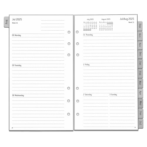 Personal Size Refill, 6 Hole, Mid Year Diary 2025 2026 1 Week on 2 Pages with Monthly Tabs, Extra Notes Contact, August.25 to July.26, Academic Year Diary Organiser, Weekly Planner Inserts