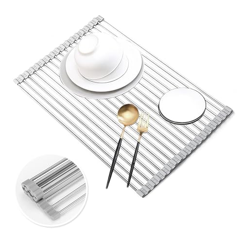 水切りラック 折りたたみ 304 ステンレス シリコン 抗菌 耐熱 耐錆 滑り止め 食器用水切り 食器乾燥ラック ロール収納 キッチン用品 グレー (グレー, 45*26cm)