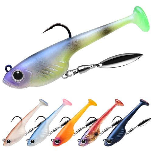 TRUSCEND Fishing Jigs Lures with Handmade Lead Heads Paddle Tail Spinner Baits for Bass Trout Walleye Musky Soft Plastic Fishing Lures