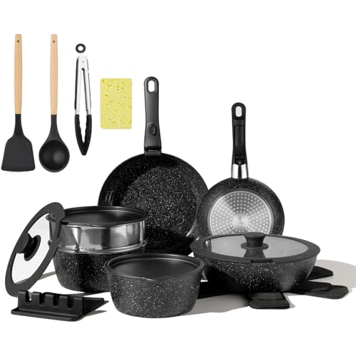 Comparison: Best Cookware For Rv Gas Stove 8 BECIGAR Nonstick Ceramic Cookware Set 21PCS with Detachable Handle, Pans and Pots Set, RV Kitchen Set Cookware Set, Pan Pots with Removable Handles, Oven Safe, Induction Ready(Black)