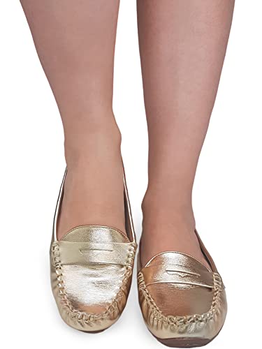 Sapato Mocassim Feminino Casual Rasteira Sapatilha (Dourado, 35)