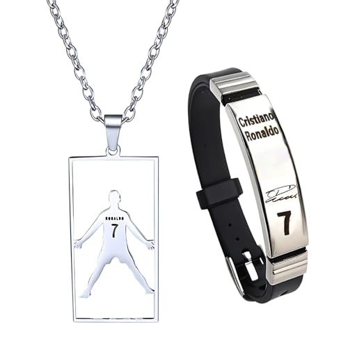Fußball Kette, R onaldo Fanartikel 2er Set mit Armband und Halskette, R onaldo Accessoires für Fußballfans, Fußball Armband und Plattenkette als Geschenk für Jungen