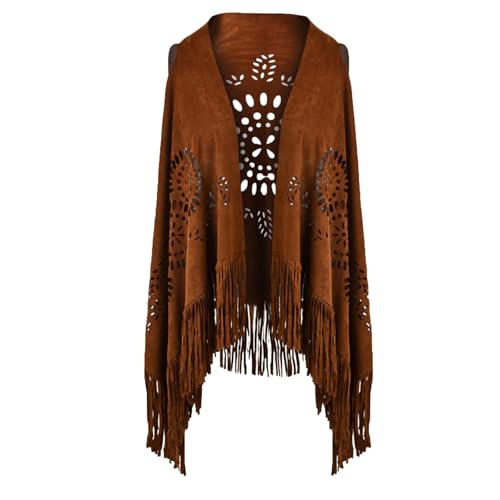JOAU Women's Hollow Out Faux Suede Fringed Shawls and Wraps, Vintage Stole Shrug Cape Scarf with Long Tassels
