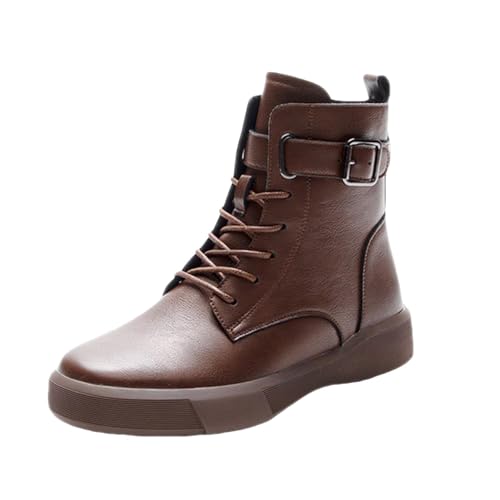 Platform Boots for Women Vintage Round Toe Chunky Heeled Ankle Boots Buckle Strap Lace Up Combat Boots Fleece Lined Fall Winter Short Boots with Side Zipper