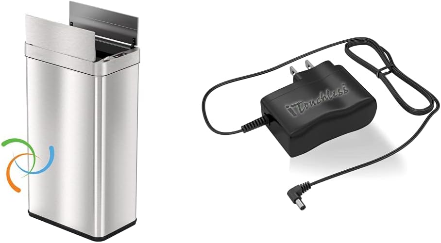 iTouchless, 68 Liter Wings-Open Sensor Trash Can & Pet-Proof Lid, Stainless Steel, 18 Gallon & AC Power Adapter for Automatic Sensor Trash Cans