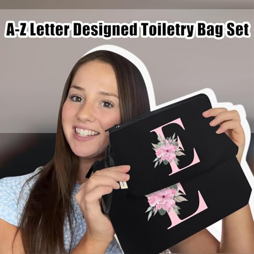 Image of Vavabox A-Z Personalized Makeup Bag, Birthday Gifts for Women Mom, Gifts for Best Friend, Bride Bridesmaid Cosmetic bag (E, 04-Black Set)