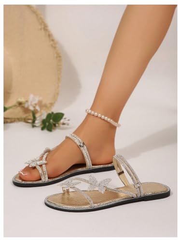 Image of OYOANGLE Women's Silver Rhinestone Sandals Sparkly Dressy Flat Sandals