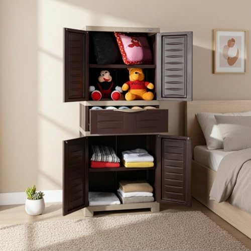 Image of Supreme Furniture Fusion 02 MDR 01 Multipurpose Plastic Cupboard | 40-Months Warranty* |2 Door Cabinet with 1 Drawerat Center | Spacious Shelves | Big Storage for Bedroom| DIY | Brown Beige