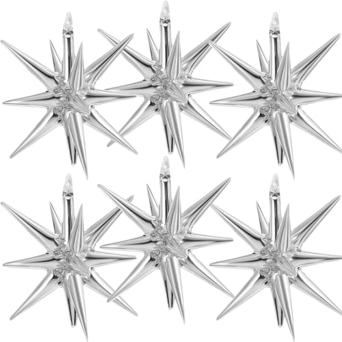 Hungdao 6 Pcs Large Star Balloons 27 Inch Starburst Spike Foil Explosion Balloons 14 Point Star Cone for Birthday Wedding Anniversary Halloween Christmas Backdrop Party Decorations(Silver)