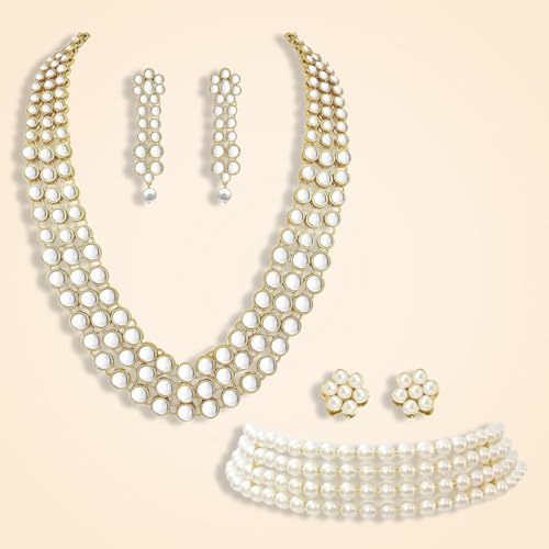 Image of Peora Traditional Maharani Haar Necklace with Earrings Bridal Jewellery Set Gift for Women