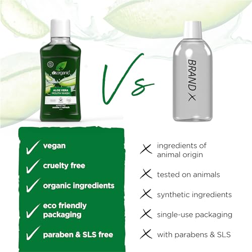 Dr Organic Aloe Vera Mouthwash, Alcohol Free, Fluoride Free, Refreshing, Natural, Vegan, Cruelty-Free, Paraben & SLS-Free, Organic, 500ml, Packaging may vary
