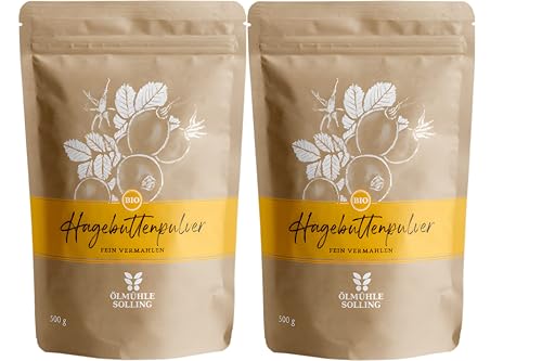 ÖLMÜHLE SOLLING - BIO Hagebuttenpulver | Fein vermahlenes Hagebuttenpulver in Rohkostqualität, mit Vitamin C für das Immunsystem | Inhalt: 2 x 500 g