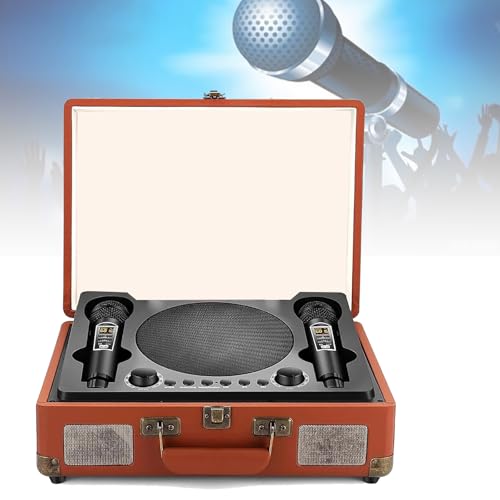 Lecteur De Karaoké, avec 2 Micros Chantants/réduction Intelligente du Bruit : 80dB,Connexion Intelligente 10m,poignée De Transport Portable,Compatible avec Plusieurs Appareils,Brown