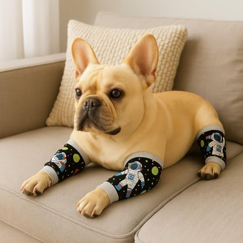 Image of Petwarm Dog Recovery Leg Sleeves 4pcs Set Astronaut Print - Soft Anti-Lick Joint Support Wraps for Small Dogs, Cone-Free Surgery Protection, Grey, S