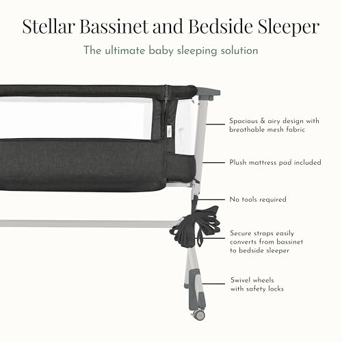 Image of Evolur Stellar Bassinet & Bedside Sleeper - Adjustable Height Bedside Crib for Newborns, Breathable Mesh Sides, Portable Co-Sleeper, Easy To Fold and Travel, Carry Bag Included