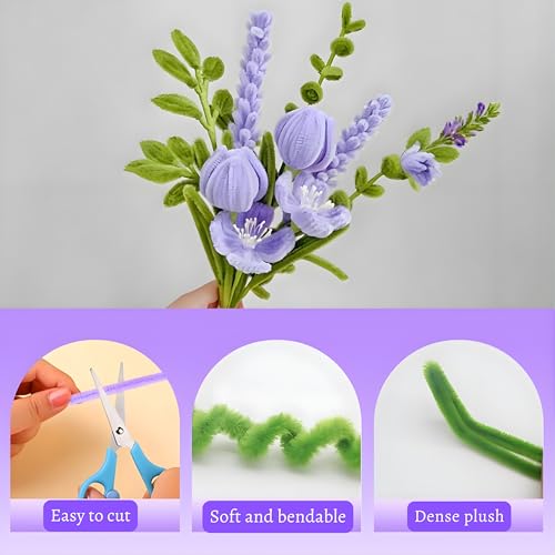 Image of YUNAMI Chenille Stems for DIY Flower Making - 200 Pcs Pipe Cleaners with Floral Wire, Tape, Stamen & Wrapping Paper - Premium Bouquet Supplies for Home Decor & Gifting (Purple)
