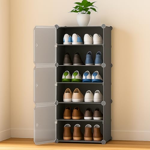 Image of Zemic Multipurpose Modular Plastic Shoe Rack for Home with Door | 𝟔 𝐒𝐡𝐞𝐥𝐟 Stackable Organizer | Waterproof & Dustproof | Space Saving Storage for Home, Bedroom & Entryway【Grey, 3-Door-6-Shelf】