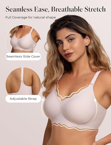 Image of COMFELIE Wireless Full Coverage Bra No Underwire Scalloped Lace Edge Breathable Pink M