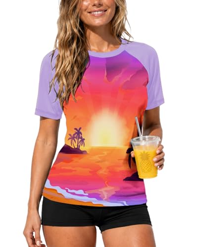 Image of AOBUTE Women Short Sleeve Rash Guard UPF 50+ Tropical Sun Protection Floral Swim Shirts