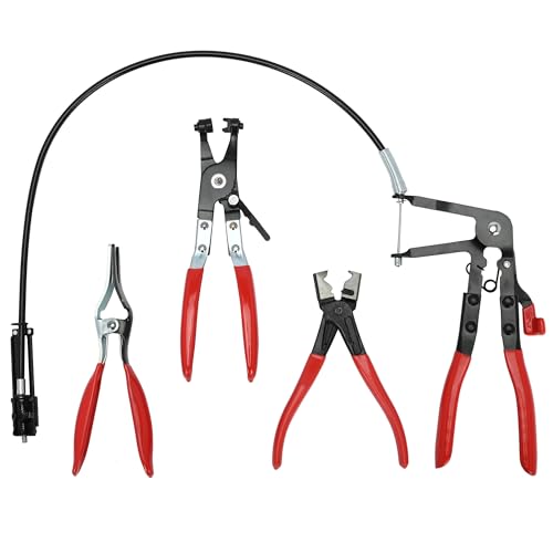 aleawol 4Pcs Automotive Hose Clamp Pliers Kit, Heavy Duty Car Repair Pliers Tools Set Includes Long Reach Wire Spring, Swivel Flat Band, Quick-Release Collar Hose Clamp Plier Hose Removal Tool