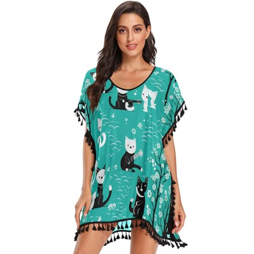 Cute Blue Cats Women's Beach Cover Up Chiffon Tassel Swimwear Swimsuit Coverups for Girl