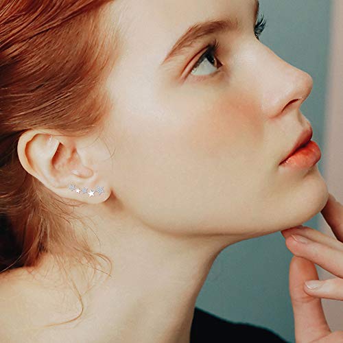 Star Ear Cuffs Climber Earrings 925 Sterling Silver Star Earrings Cuff Wrap Climber Earrings With Cubic Zirconia Piercing Mix Linked Stars Sweep Up Ear Pin Hypoallergenic Earring For Women (Silver) #TOP3