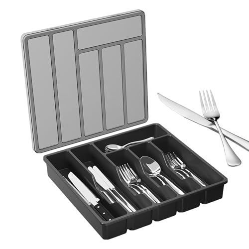 Générique - Boîte de rangement pour couverts avec couvercle, 6 compartiments, ustensiles de cuisine, hygiénique, polyvalent, camping, cuisine, noir