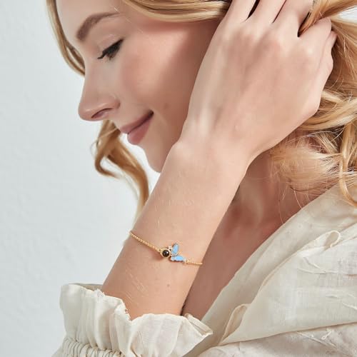 PERIMADE Personalized Picture Projection Bracelet for Women, Custom Photo Memorial Charm Bracelet, Customized Text & Love in 100 Languages Blue Butterfly Memory Bracelet Mom Best Friend Birthday Gift3