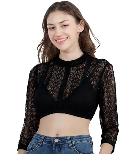 LINUCKER Dirndl Bluse Damen Dirndlbluse Hochgeschlossen Trachtenbluse 3/4 Ärmel Langarm Spitze Dirndlblusen Elegante Spitzenbluse Oktoberfest Tracht Blusen Schwarz 36