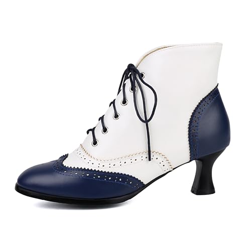 BEAUPAS Women's Vintage Lace-Up Oxford Ankle Boots Kitten Heel Brogue Wingtip2