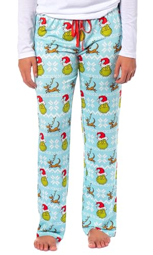 Dr. Seuss The Grinch Womens Ugly Sweater Grinch and Max AOP Design Adult Lounge Sleep Pants with Elastic Waistband (Small)