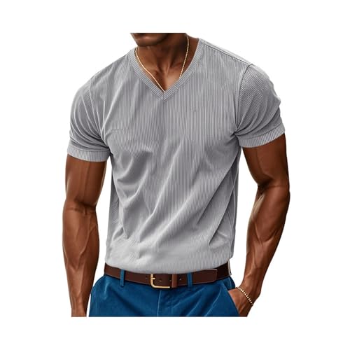 MYMdt Mens Casual Corduroy T-shirt V-neck short Sleeve Summer Tee t-shirt Solid color loose-fitting top(Grey,XXL)